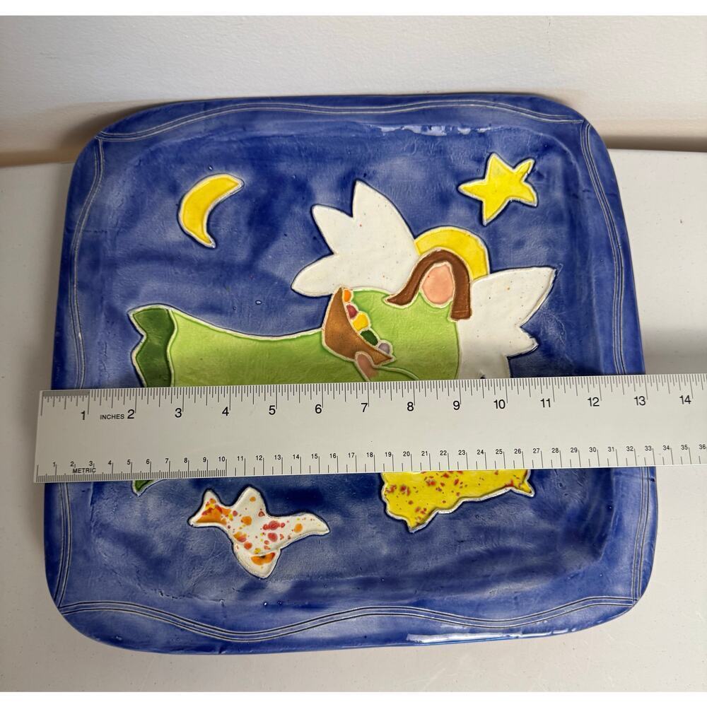 Angel Hand Painted Pottery Platter Wall Hanger 13” Harvest Angel Star Moon Birds - Picture 4 of 9